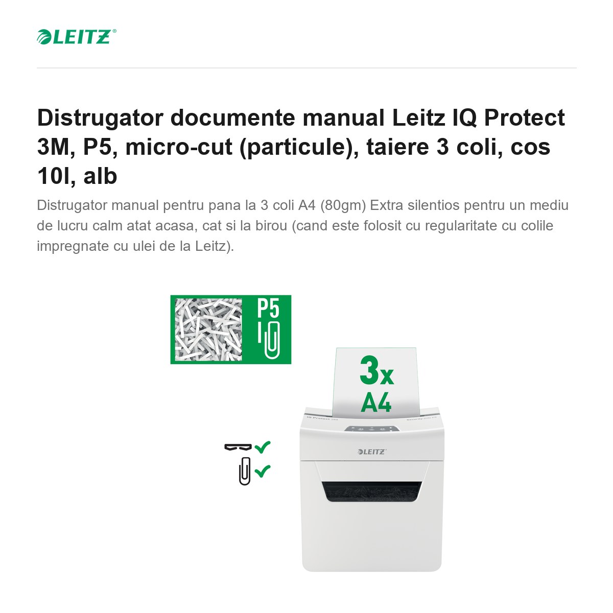Distrugator documente manual Leitz IQ Protect 3M, P5, micro-cut (particule), taiere 3 coli, cos 10l, alb [1]