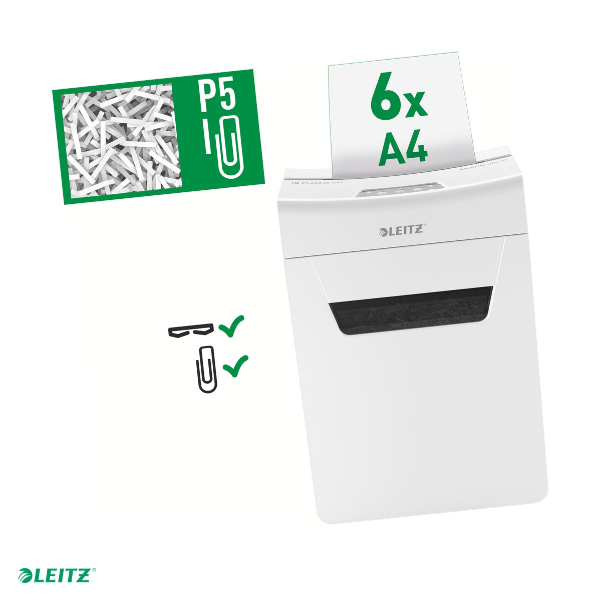 Distrugator documente manual Leitz IQ Protect 6M, P5, micro-cut (particule), taiere 6 coli, cos 18l, alb [0]