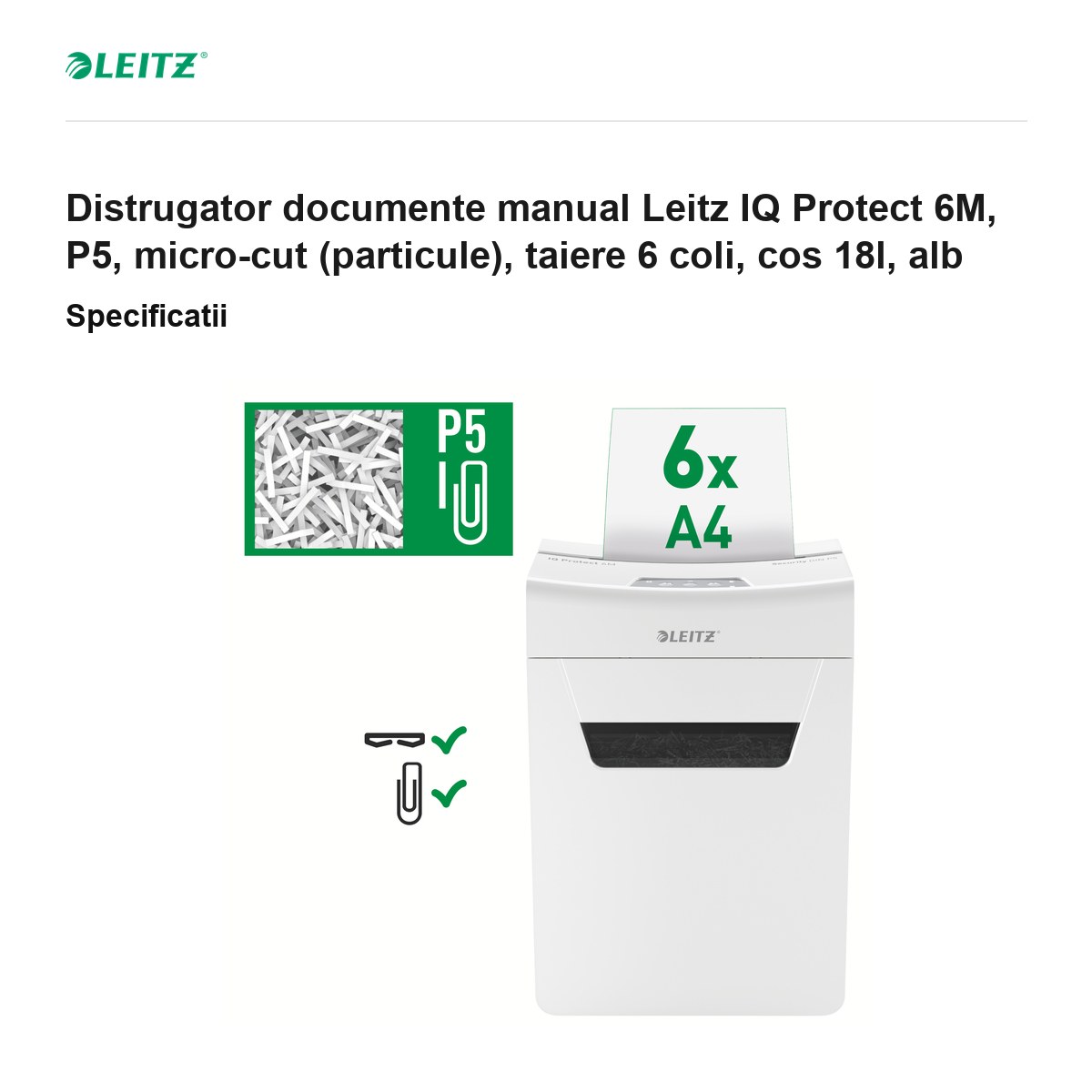 Distrugator documente manual Leitz IQ Protect 6M, P5, micro-cut (particule), taiere 6 coli, cos 18l, alb [2]