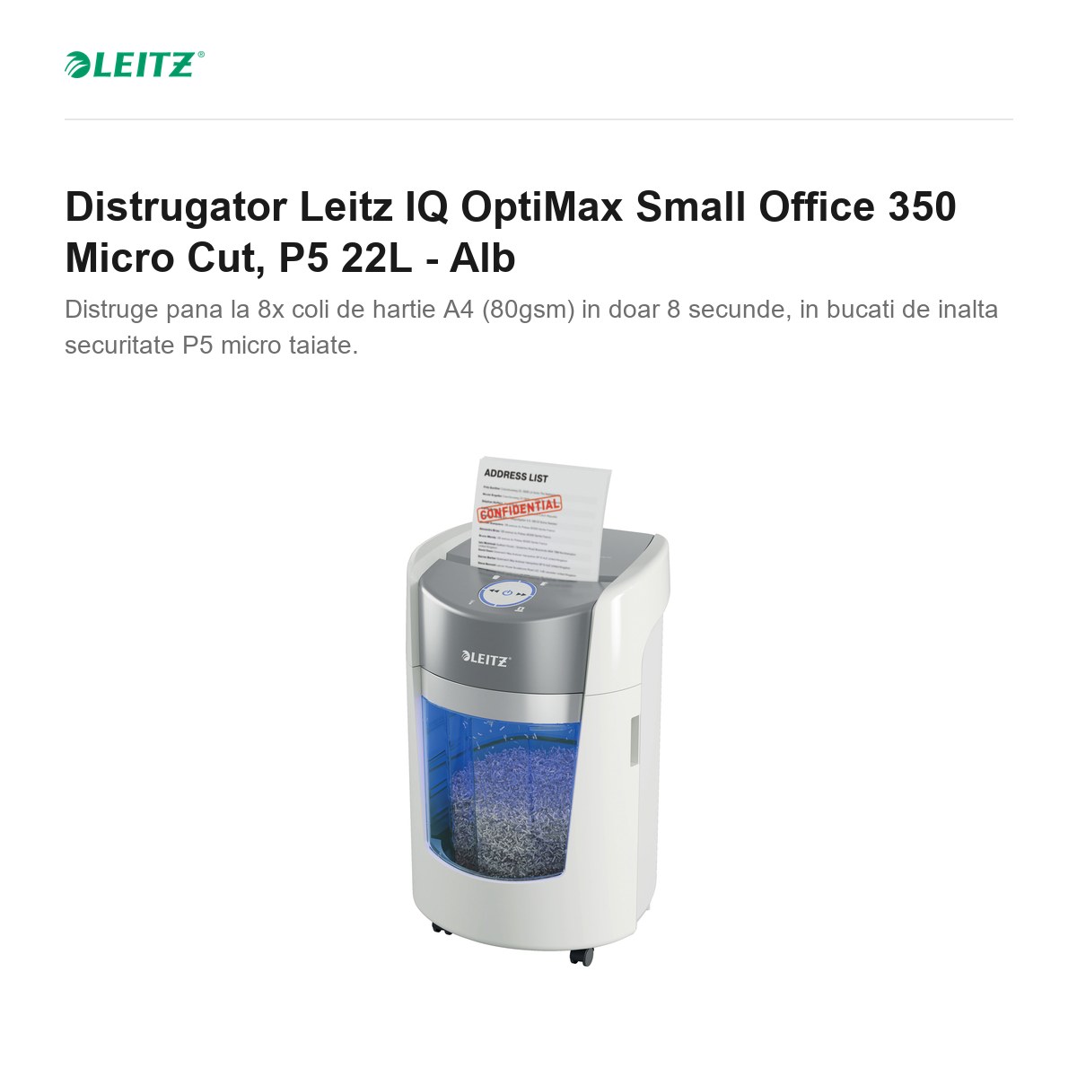 Distrugator Leitz IQ OptiMax Small Office 350 Micro Cut, P5 22L - Alb [1]