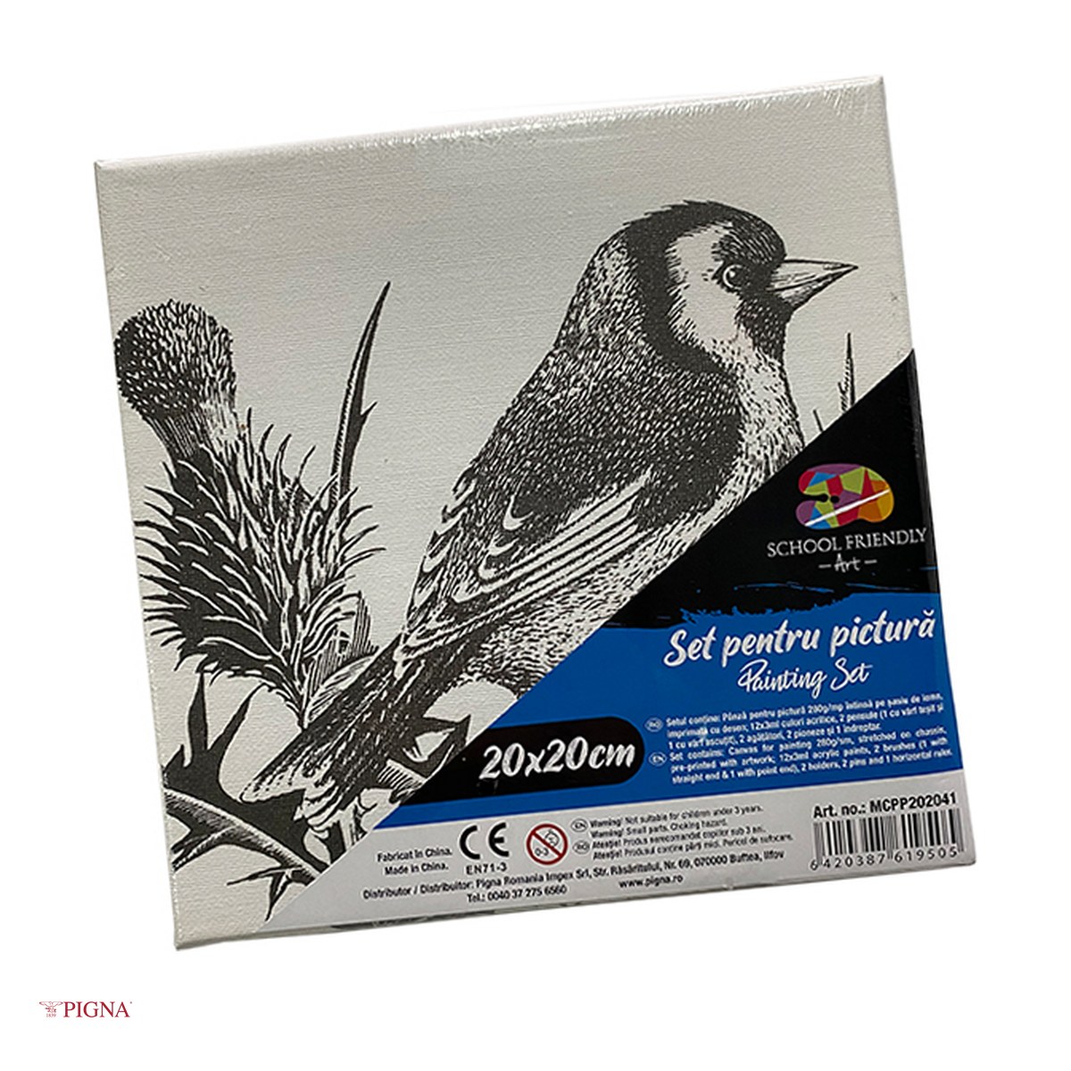 Birotica papetarie - Set pictura pe panza predesenata Pigna SF Art, model pasare 2, 20x20 cm, cu 12 culori acrilice si 2 pensule