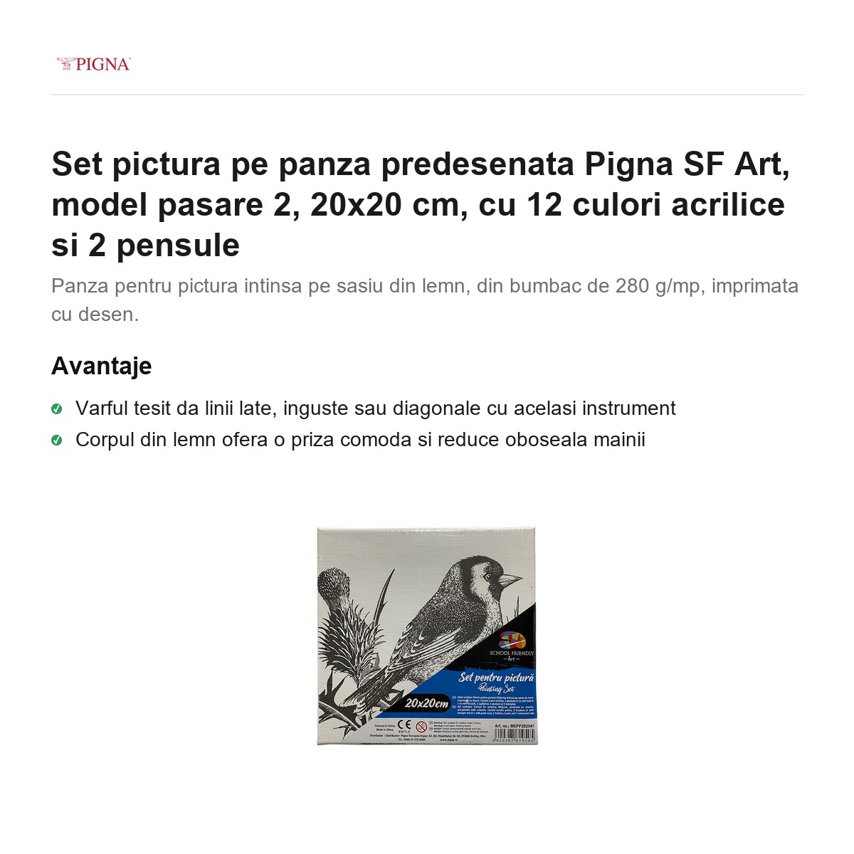 Set pictura pe panza predesenata Pigna SF Art, model pasare 2, 20x20 cm, cu 12 culori acrilice si 2 pensule [1]