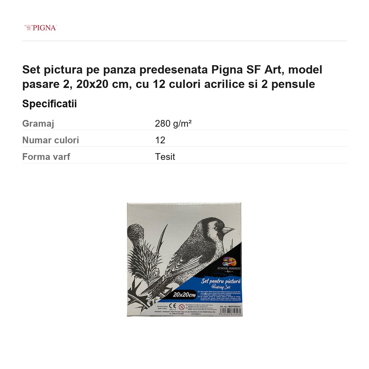 Set pictura pe panza predesenata Pigna SF Art, model pasare 2, 20x20 cm, cu 12 culori acrilice si 2 pensule [2]