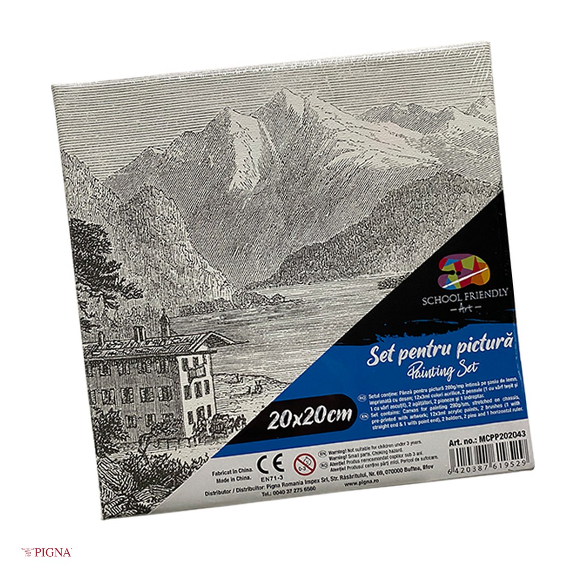 Birotica papetarie - Set pictura pe panza predesenata Pigna SF Art, model peisaj 2, 20x20 cm, cu 12 culori acrilice si 2 pensule