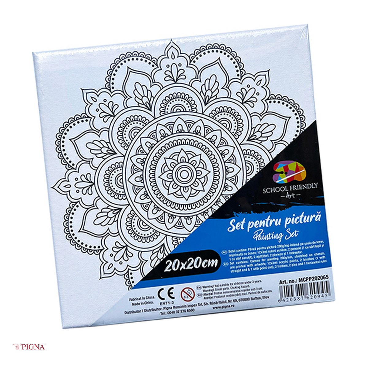Birotica papetarie - Set pictura pe panza predesenata Pigna SF Art, model mandale, 20x20 cm, cu 12 culori acrilice si 2 pensule