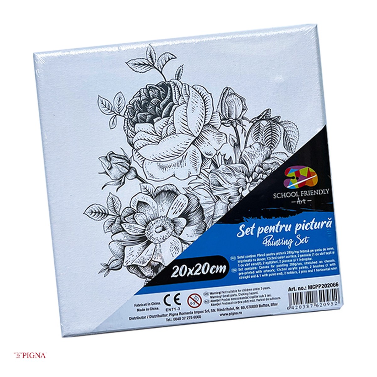 Birotica papetarie - Set pictura pe panza predesenata Pigna SF Art, model floare, 20x20 cm, cu 12 culori acrilice si 2 pensule