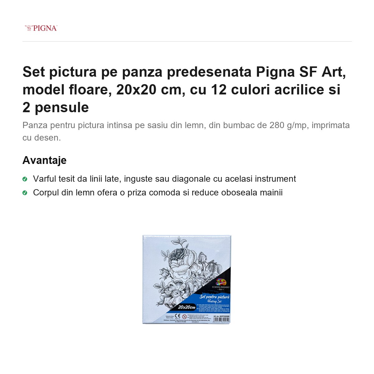 Set pictura pe panza predesenata Pigna SF Art, model floare, 20x20 cm, cu 12 culori acrilice si 2 pensule [1]