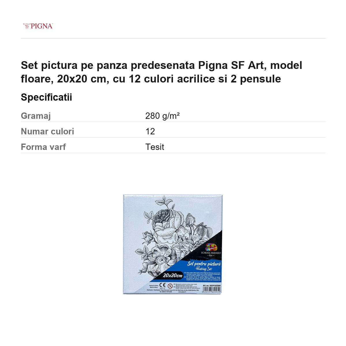 Set pictura pe panza predesenata Pigna SF Art, model floare, 20x20 cm, cu 12 culori acrilice si 2 pensule [2]