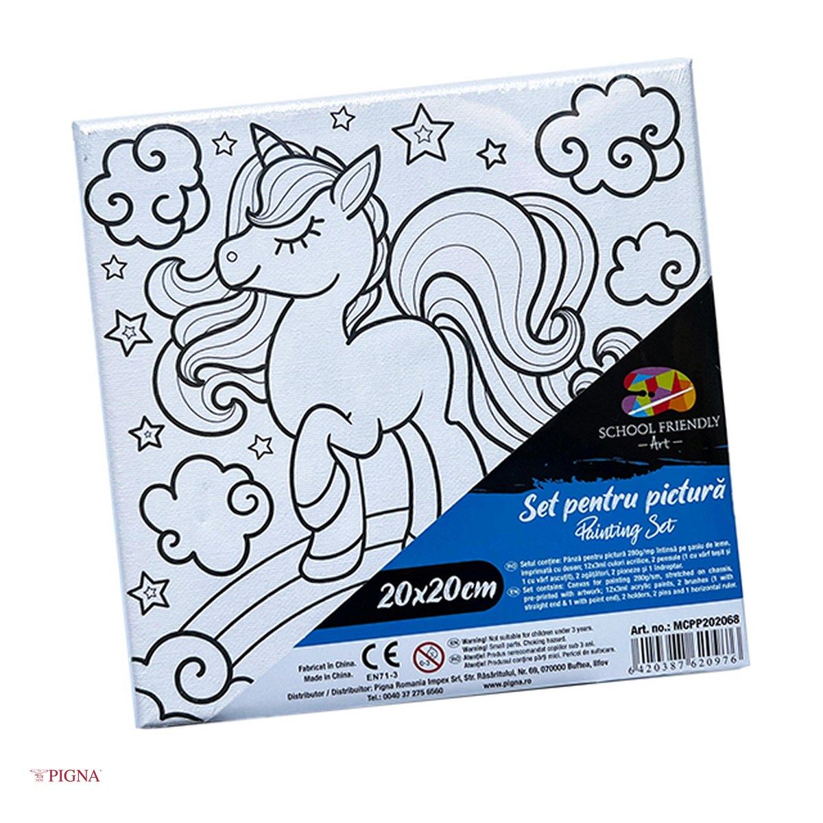 Birotica papetarie - Set pictura pe panza predesenata Pigna SF Art, model unicorn, 20x20 cm, cu 12 culori acrilice si 2 pensule