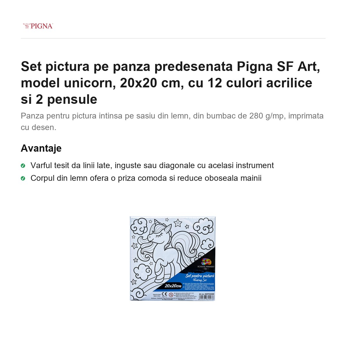 Set pictura pe panza predesenata Pigna SF Art, model unicorn, 20x20 cm, cu 12 culori acrilice si 2 pensule [1]