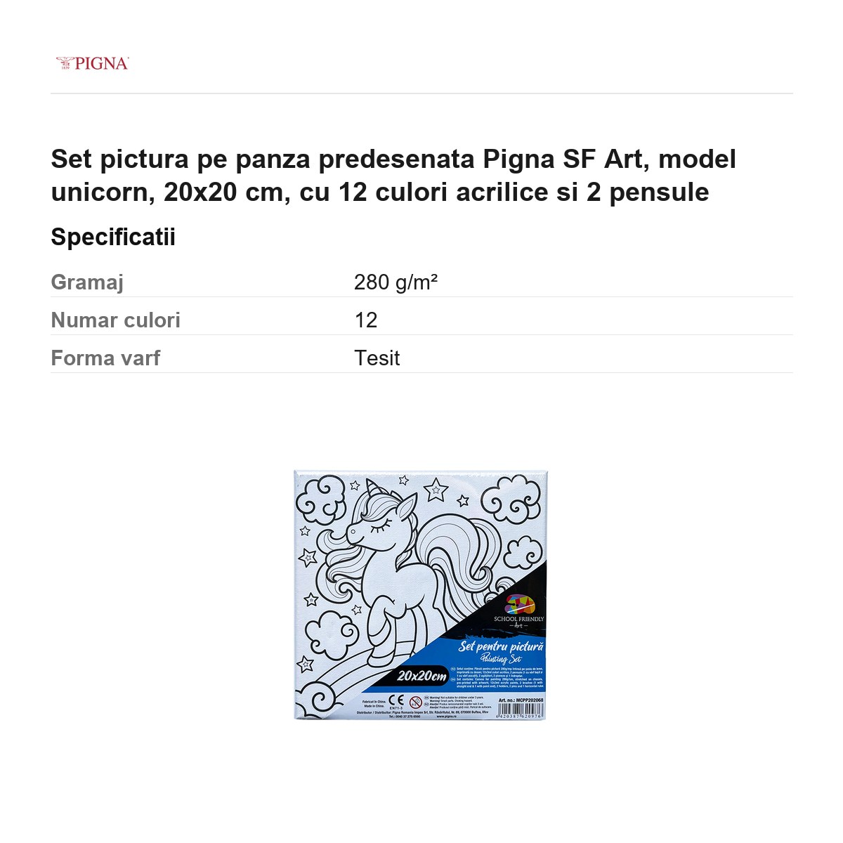 Set pictura pe panza predesenata Pigna SF Art, model unicorn, 20x20 cm, cu 12 culori acrilice si 2 pensule [2]