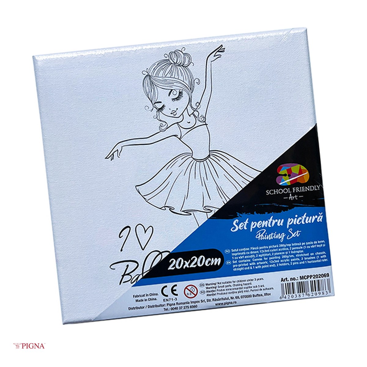 Birotica papetarie - Set pictura pe panza predesenata Pigna SF Art, model balet, 20x20 cm, cu 12 culori acrilice si 2 pensule