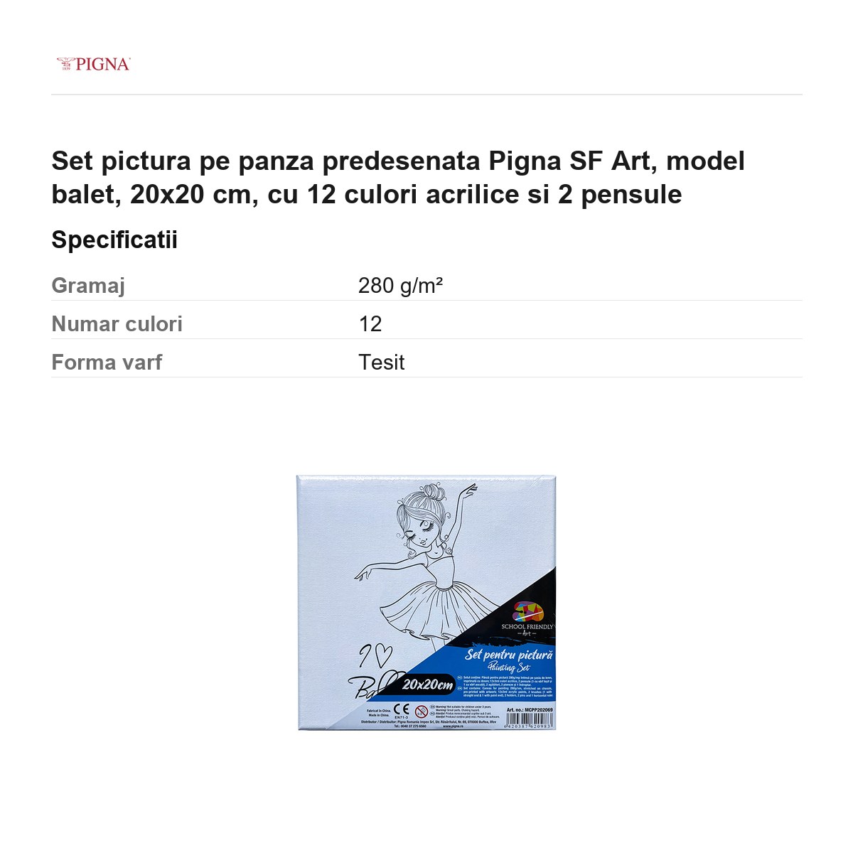 Set pictura pe panza predesenata Pigna SF Art, model balet, 20x20 cm, cu 12 culori acrilice si 2 pensule [2]