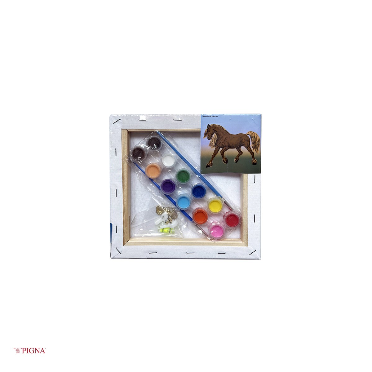 Set pictura pe panza predesenata Pigna SF Art, model cal, 20x20 cm, cu 12 culori acrilice si 2 pensule [3]
