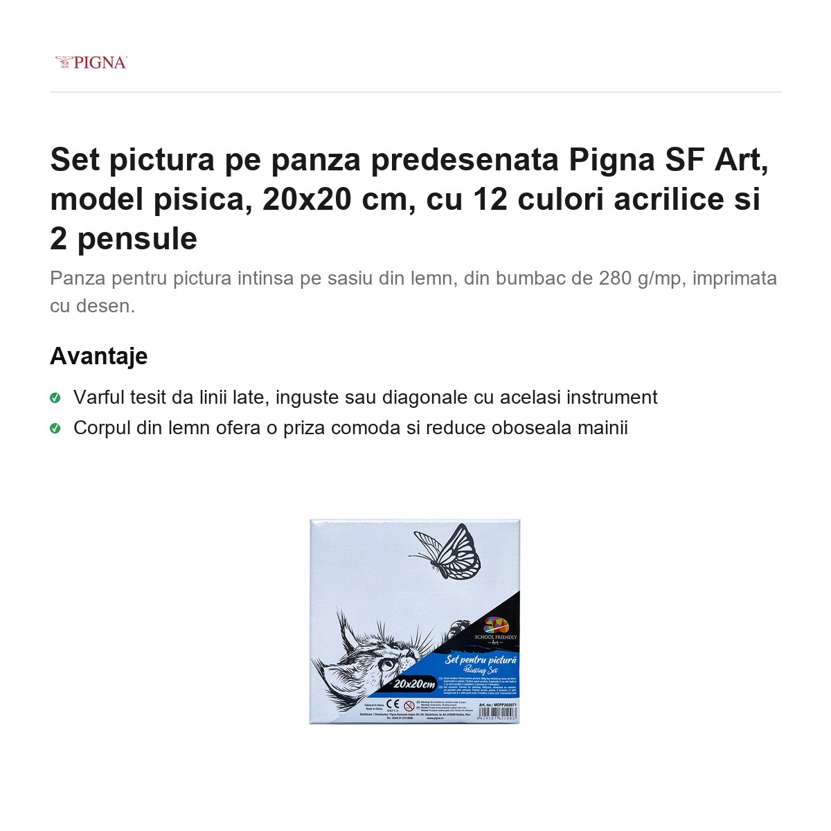 Set pictura pe panza predesenata Pigna SF Art, model pisica, 20x20 cm, cu 12 culori acrilice si 2 pensule [1]