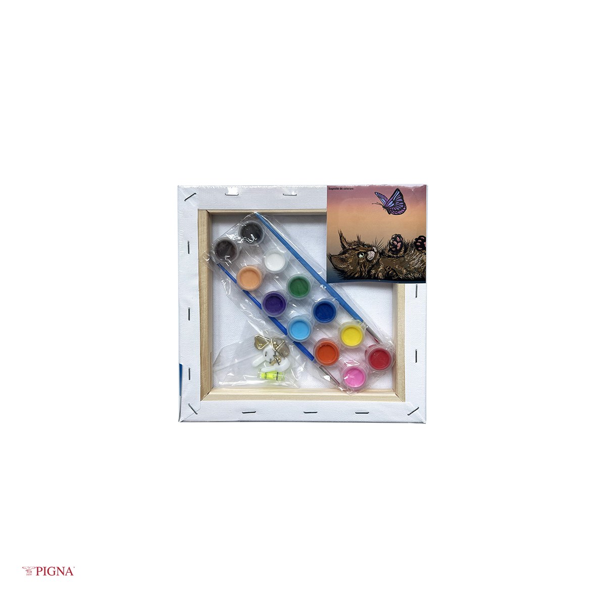 Set pictura pe panza predesenata Pigna SF Art, model pisica, 20x20 cm, cu 12 culori acrilice si 2 pensule [3]