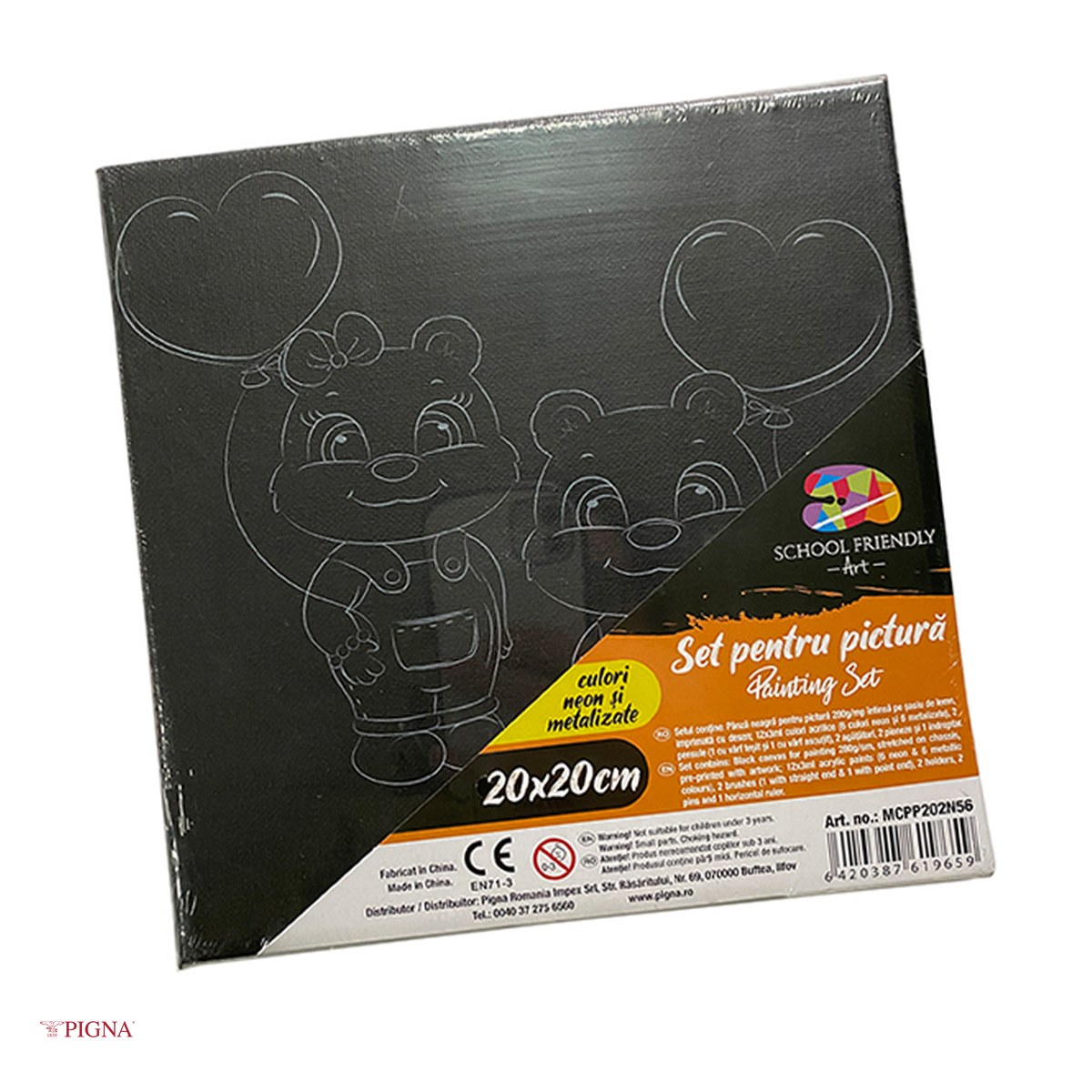 Birotica papetarie - Set pictura pe panza predesenata neagra Pigna SF Art, model urs, 20x20 cm, cu 12 culori acrilice si 2 pensule