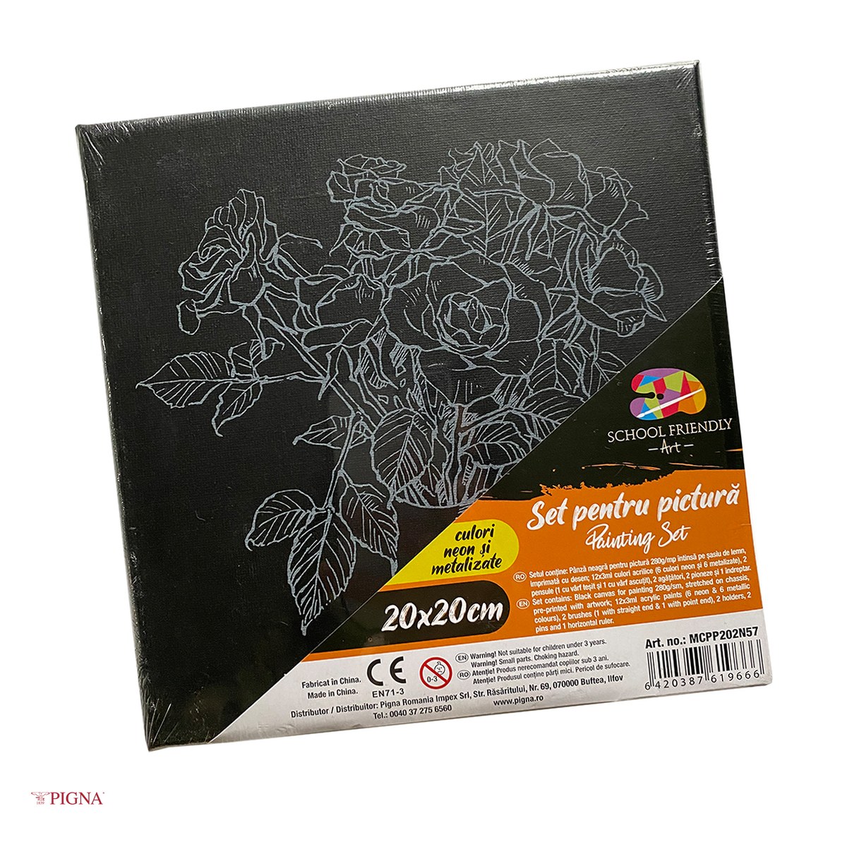 Birotica papetarie - Set pictura pe panza predesenata neagra Pigna SF Art, model trandafiri, 20x20 cm, cu 12 culori acrilice si 2 pensule