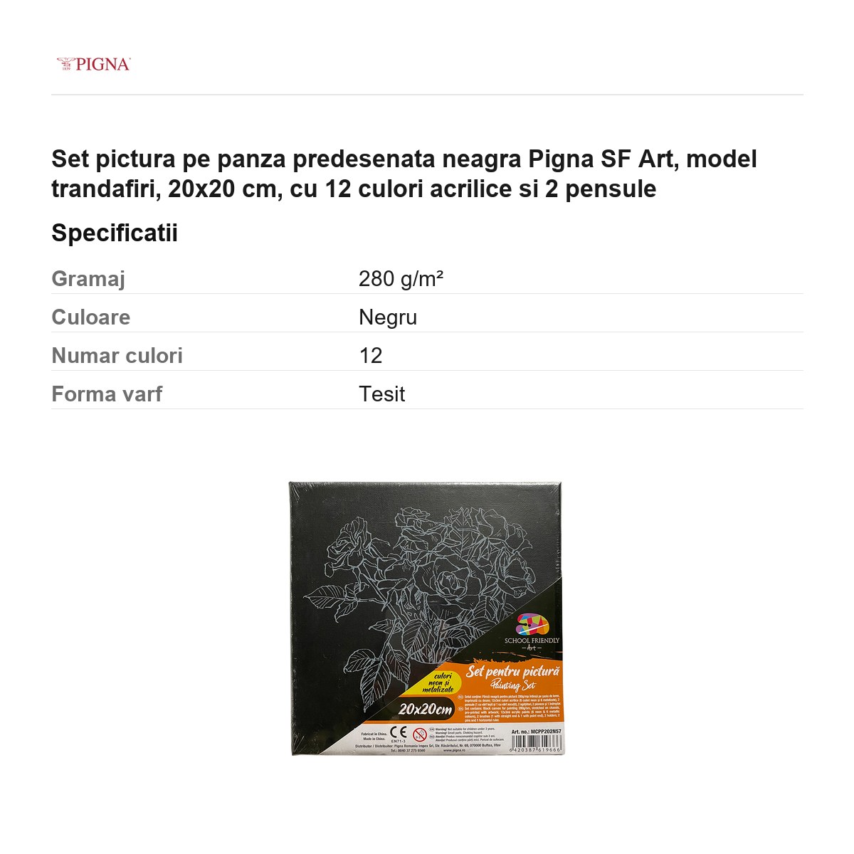 Set pictura pe panza predesenata neagra Pigna SF Art, model trandafiri, 20x20 cm, cu 12 culori acrilice si 2 pensule [2]
