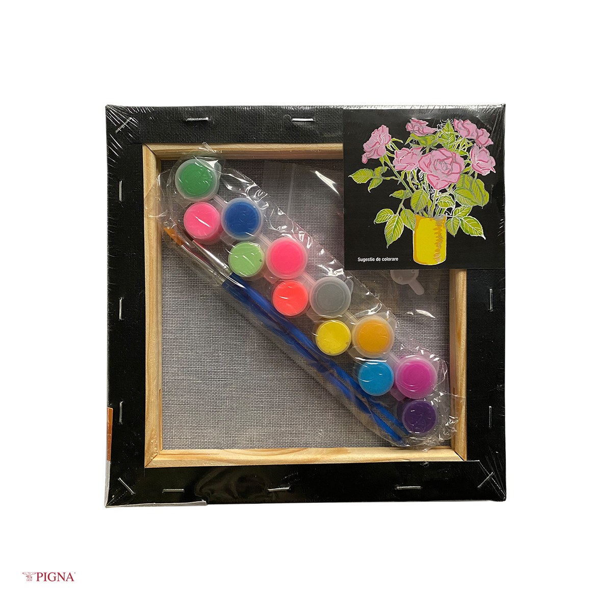 Set pictura pe panza predesenata neagra Pigna SF Art, model trandafiri, 20x20 cm, cu 12 culori acrilice si 2 pensule [3]