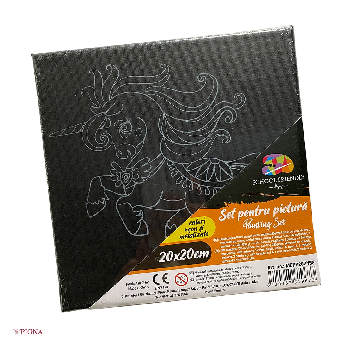 Birotica papetarie - Set pictura pe panza predesenata neagra Pigna SF Art, model unicorni 2, 20x20 cm, cu 12 culori acrilice si 2 pensule