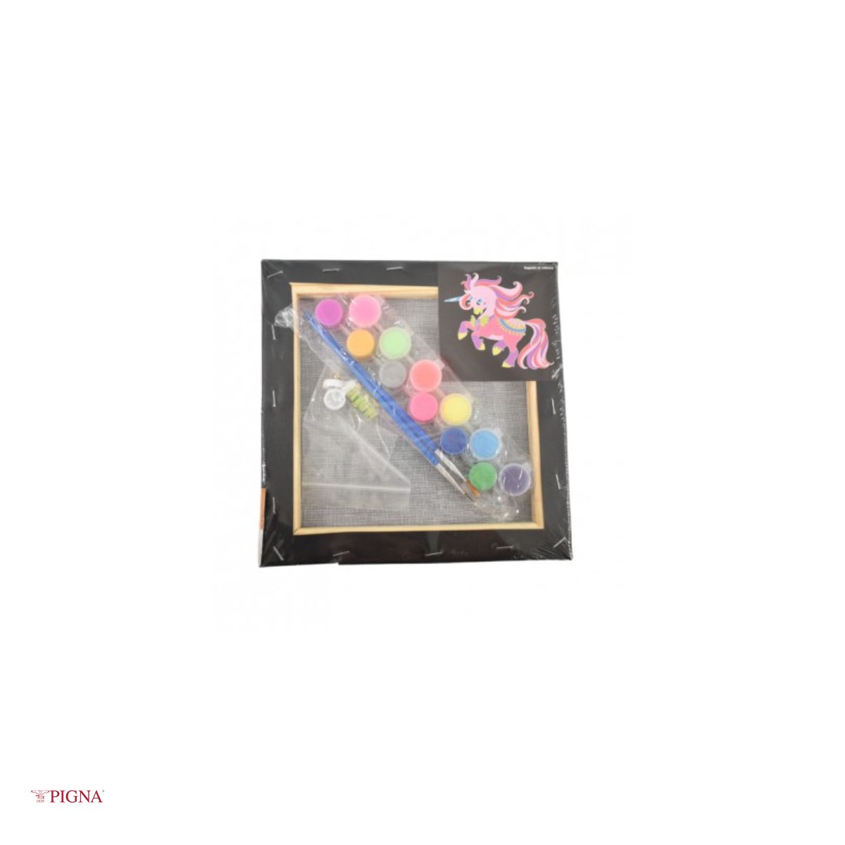 Set pictura pe panza predesenata neagra Pigna SF Art, model unicorni 2, 20x20 cm, cu 12 culori acrilice si 2 pensule [3]