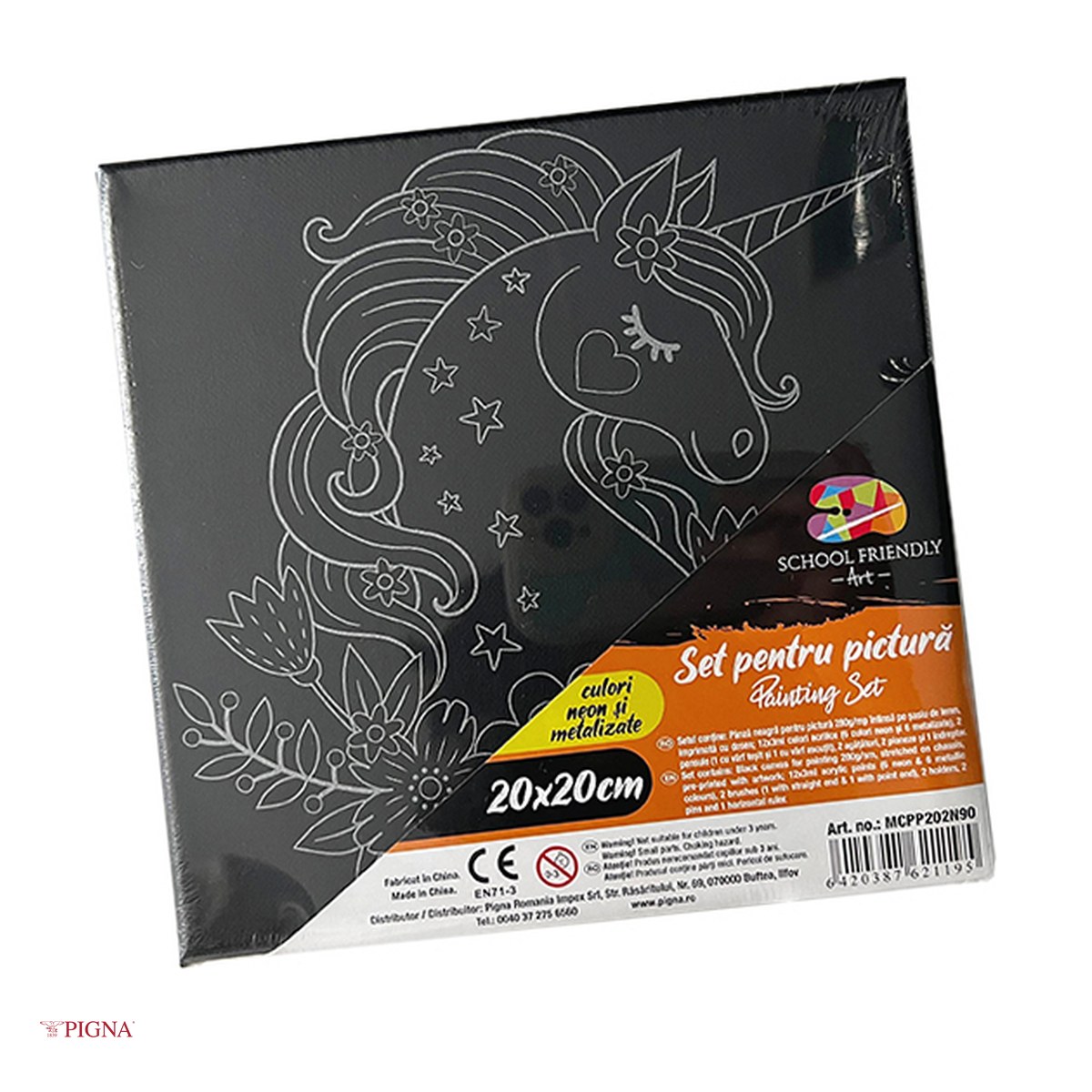 Birotica papetarie - Set pictura pe panza predesenata neagra Pigna SF Art, model unicorn, 20x20 cm, cu 12 culori acrilice metalizate si neon si 2 pensule