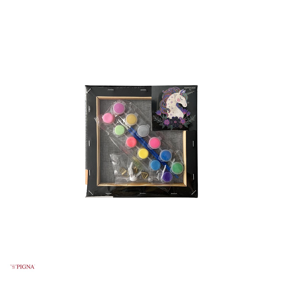 Set pictura pe panza predesenata neagra Pigna SF Art, model unicorn, 20x20 cm, cu 12 culori acrilice metalizate si neon si 2 pensule [3]