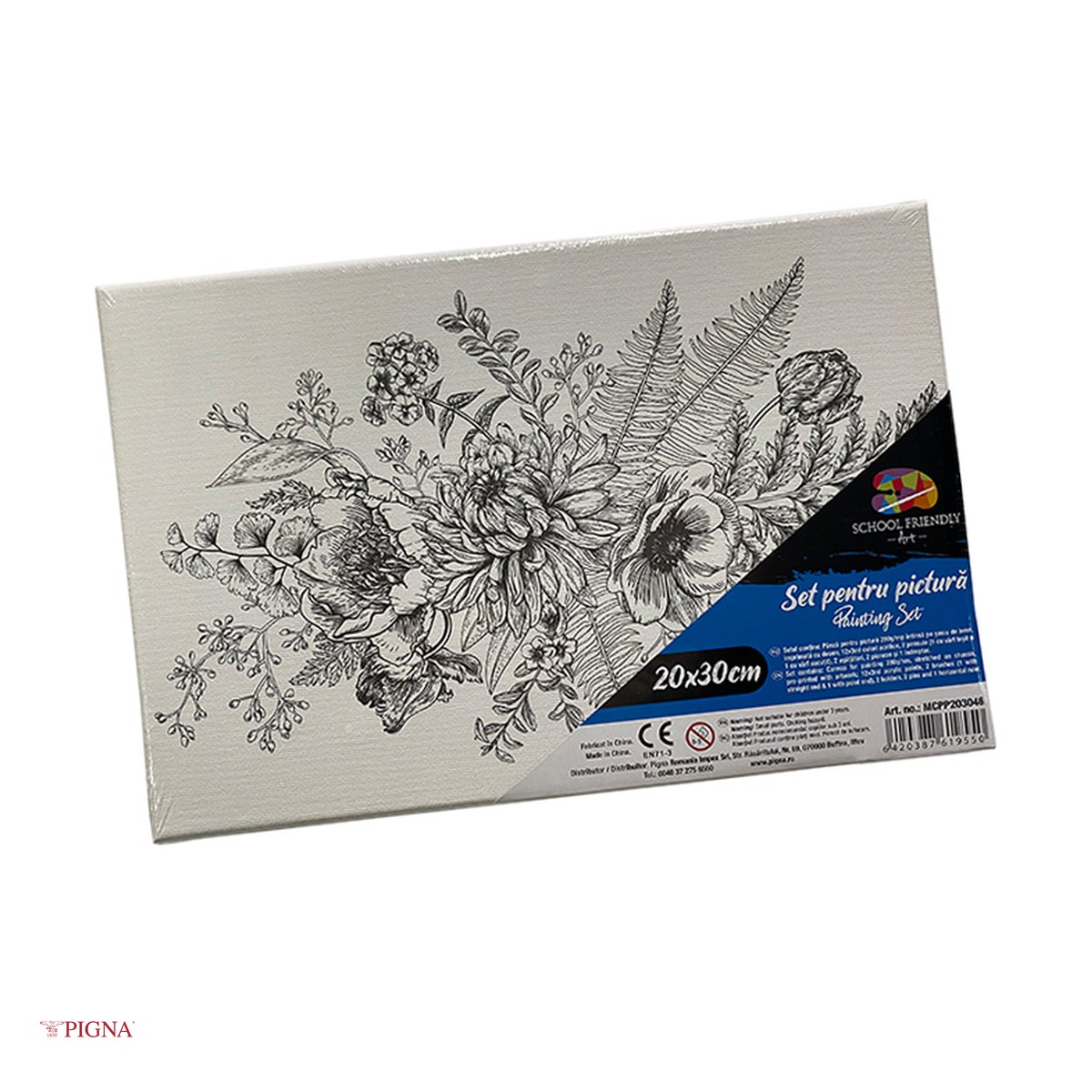 Birotica papetarie - Set pictura pe panza predesenata Pigna SF Art, model buchet de flori cu ferigi, 20x30 cm, cu 12 culori acrilice si 2 pensule