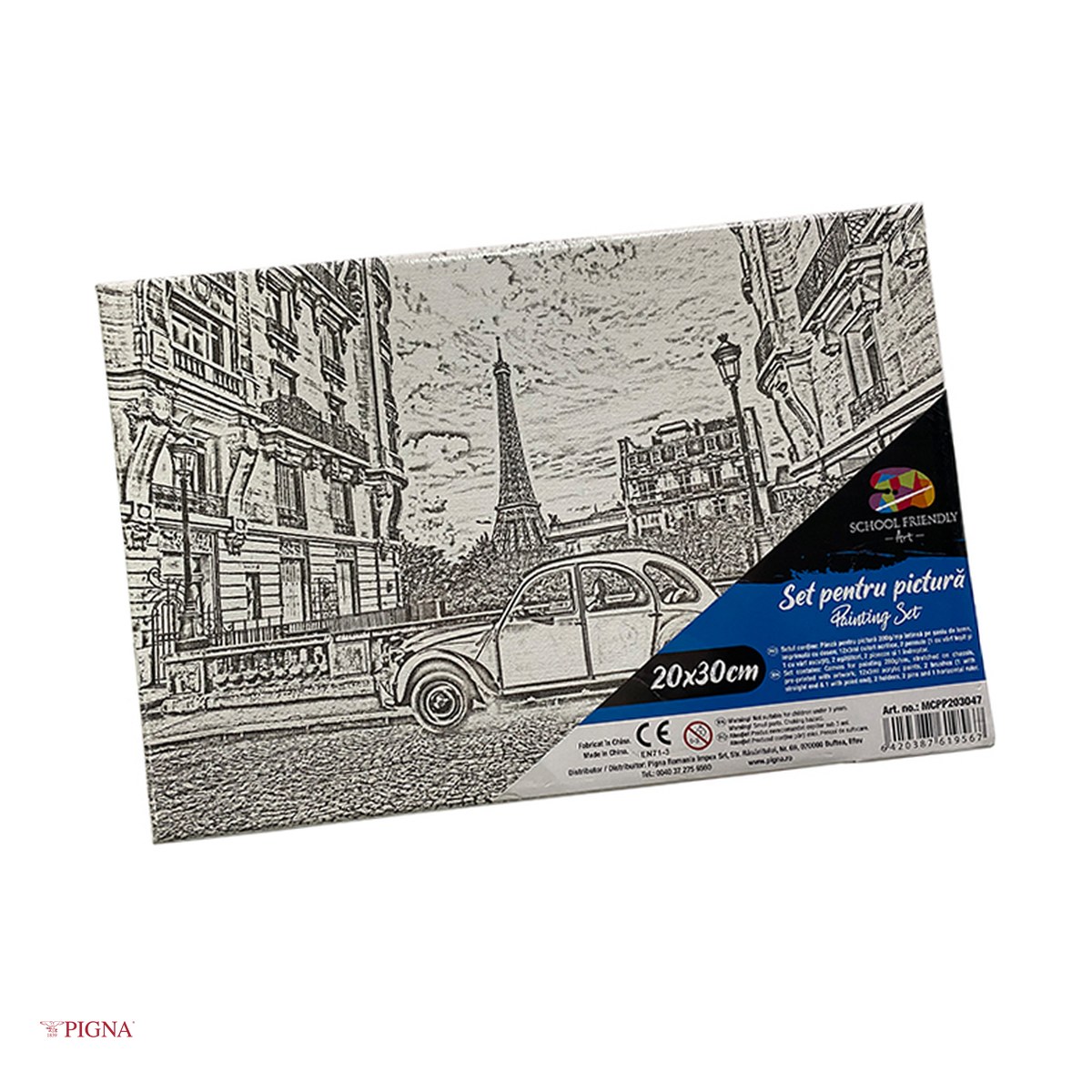 Birotica papetarie - Set pictura pe panza predesenata Pigna SF Art, model paris, 20x30 cm, cu 12 culori acrilice si 2 pensule