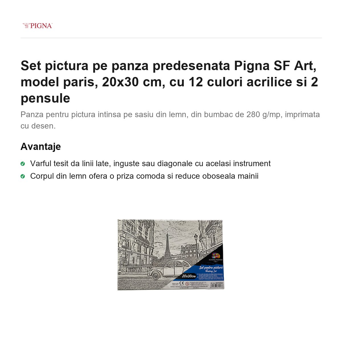 Set pictura pe panza predesenata Pigna SF Art, model paris, 20x30 cm, cu 12 culori acrilice si 2 pensule [1]