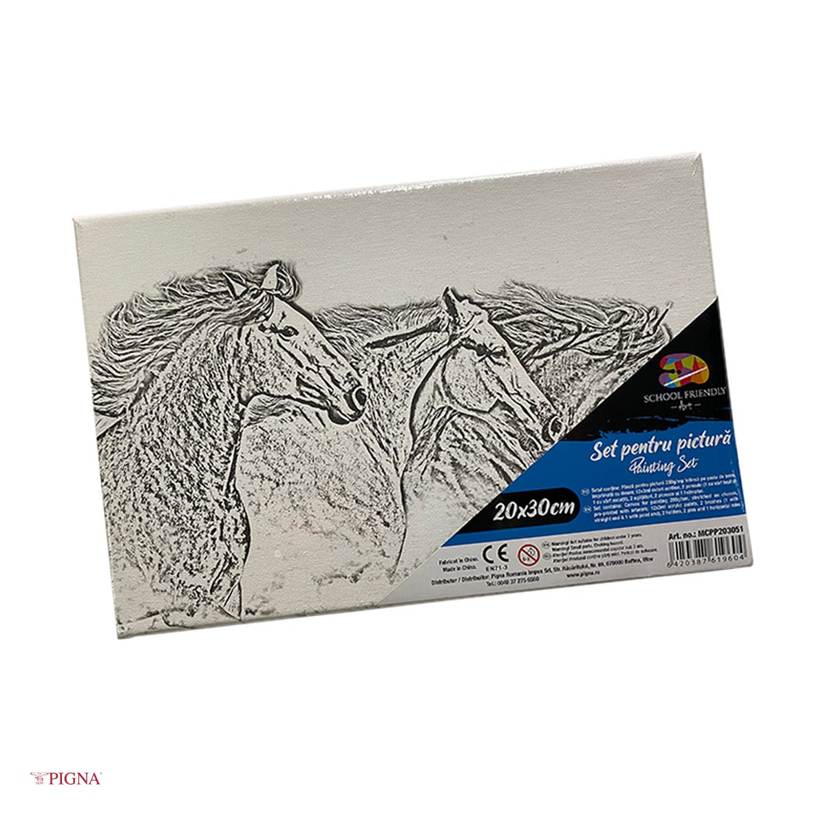 Birotica papetarie - Set pictura pe panza predesenata Pigna SF Art, model trei cai la galop, 20x30 cm, cu 12 culori acrilice si 2 pensule