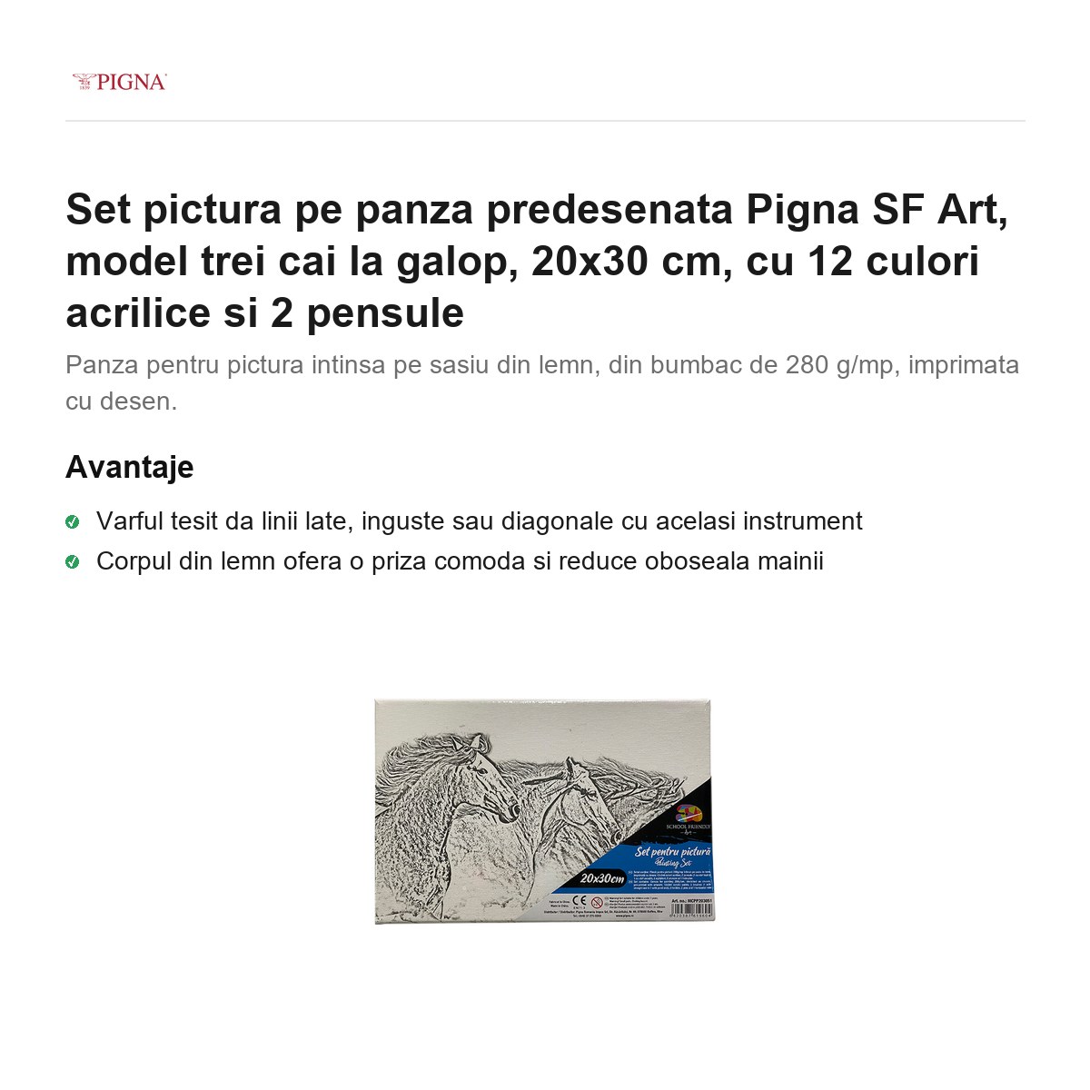 Set pictura pe panza predesenata Pigna SF Art, model trei cai la galop, 20x30 cm, cu 12 culori acrilice si 2 pensule [1]