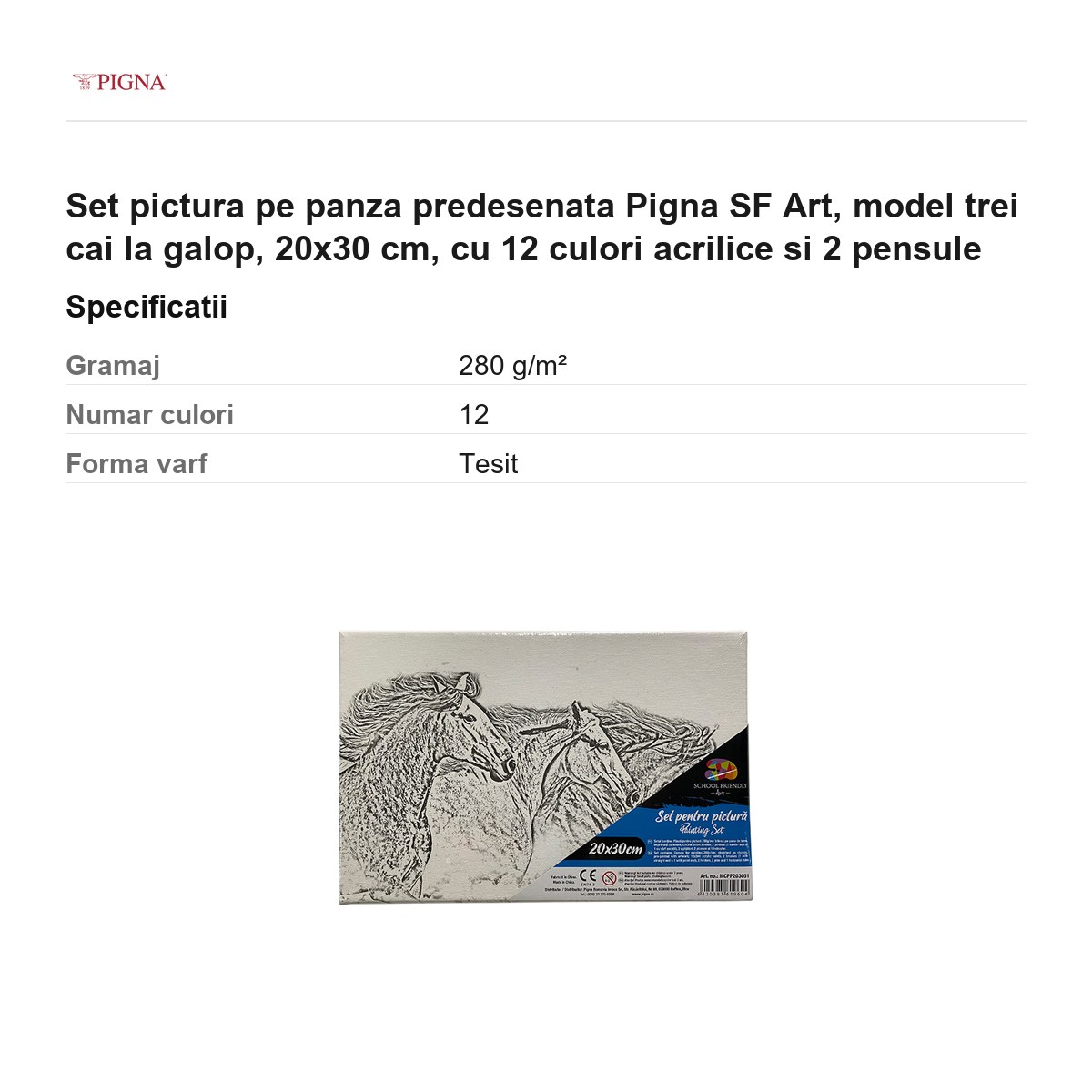 Set pictura pe panza predesenata Pigna SF Art, model trei cai la galop, 20x30 cm, cu 12 culori acrilice si 2 pensule [2]