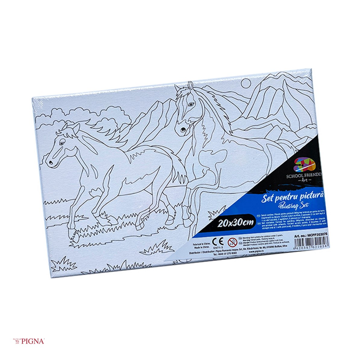 Birotica papetarie - Set pictura pe panza predesenata Pigna SF Art, model doi cai in peisaj montan, 20x30 cm, cu 12 culori acrilice si 2 pensule