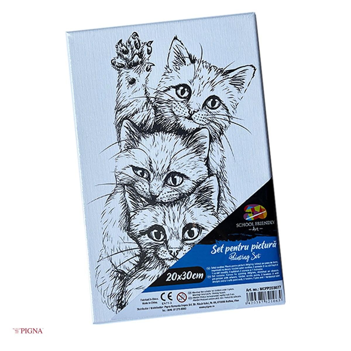 Birotica papetarie - Set pictura pe panza predesenata Pigna SF Art, model pisici, 20x30 cm, cu 12 culori acrilice si 2 pensule
