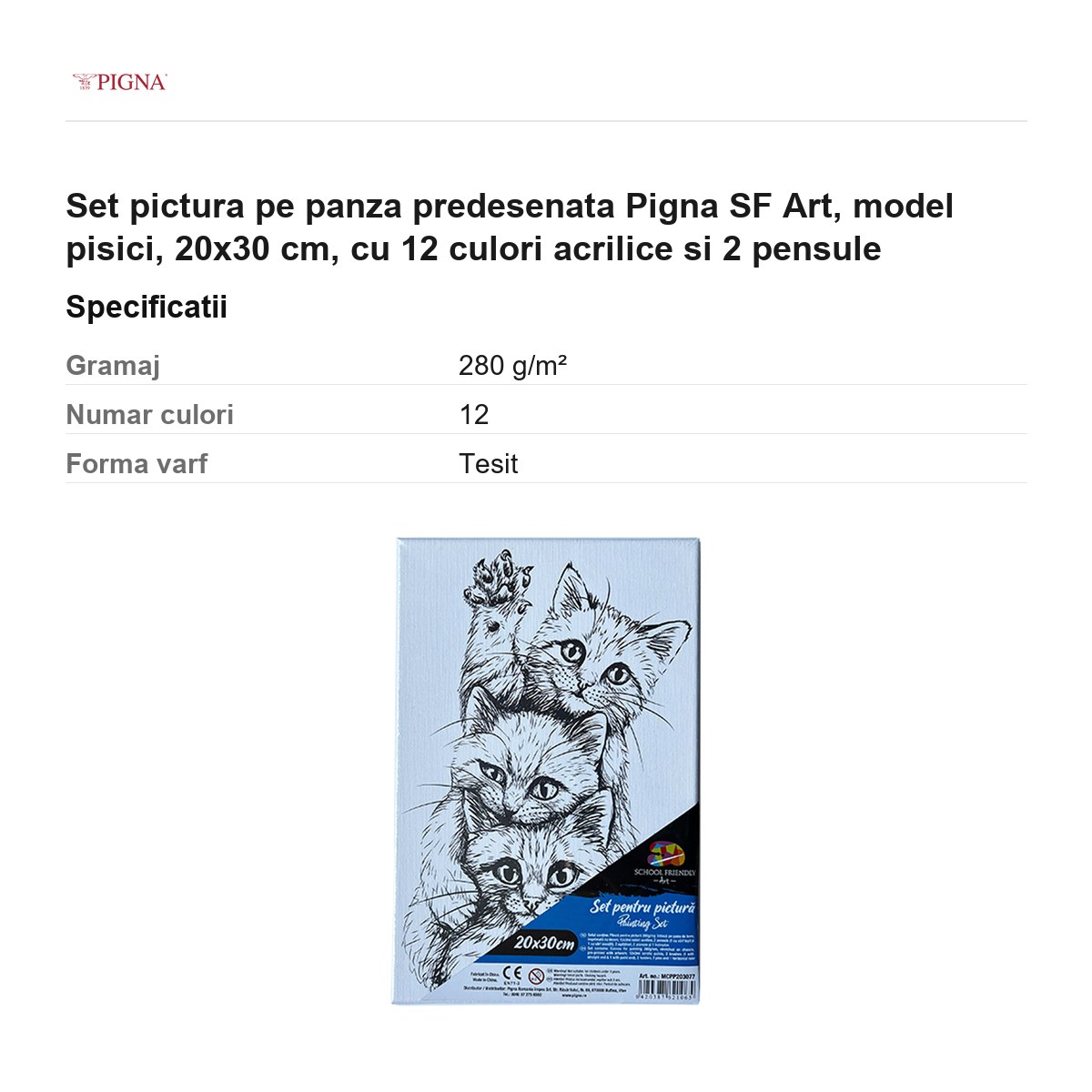 Set pictura pe panza predesenata Pigna SF Art, model pisici, 20x30 cm, cu 12 culori acrilice si 2 pensule [2]
