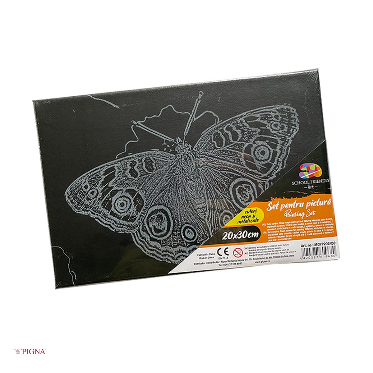Birotica papetarie - Set pictura pe panza predesenata neagra Pigna SF Art, model fluturi 2, 20x30 cm, cu 12 culori acrilice si 2 pensule