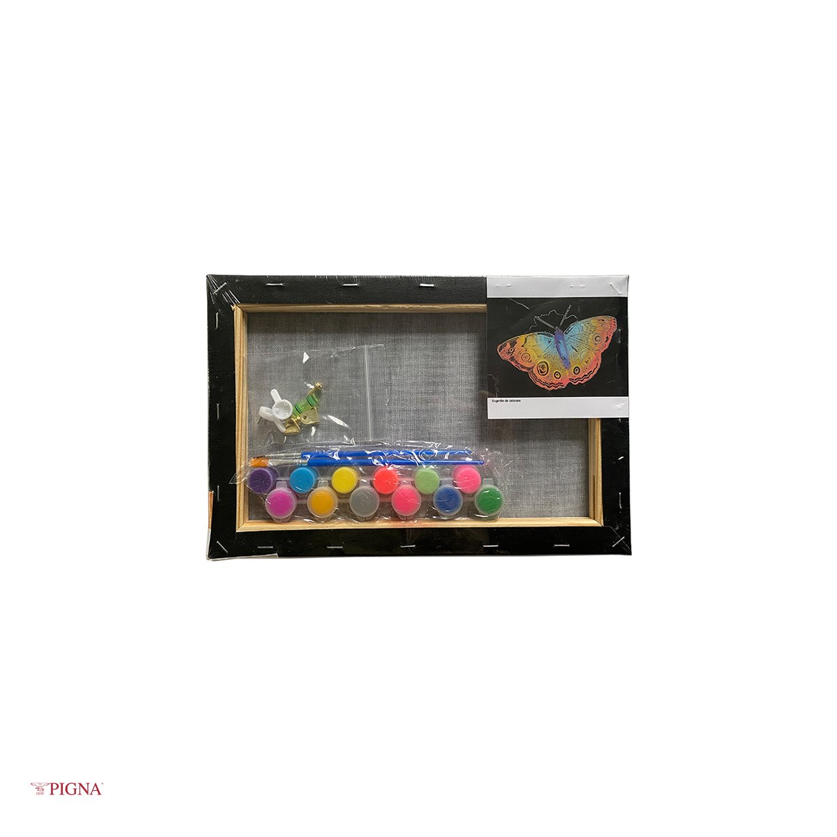 Set pictura pe panza predesenata neagra Pigna SF Art, model fluturi 2, 20x30 cm, cu 12 culori acrilice si 2 pensule [3]