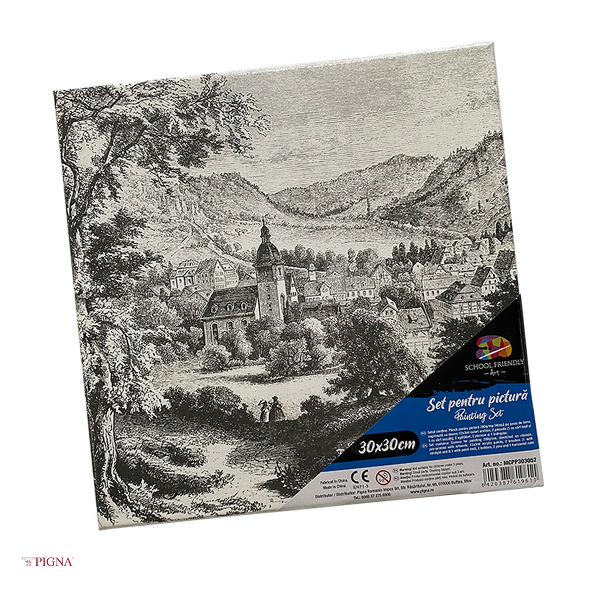 Birotica papetarie - Set pictura pe panza predesenata Pigna SF Art, model sat cu biserica, 30x30 cm, cu 12 culori acrilice si 2 pensule