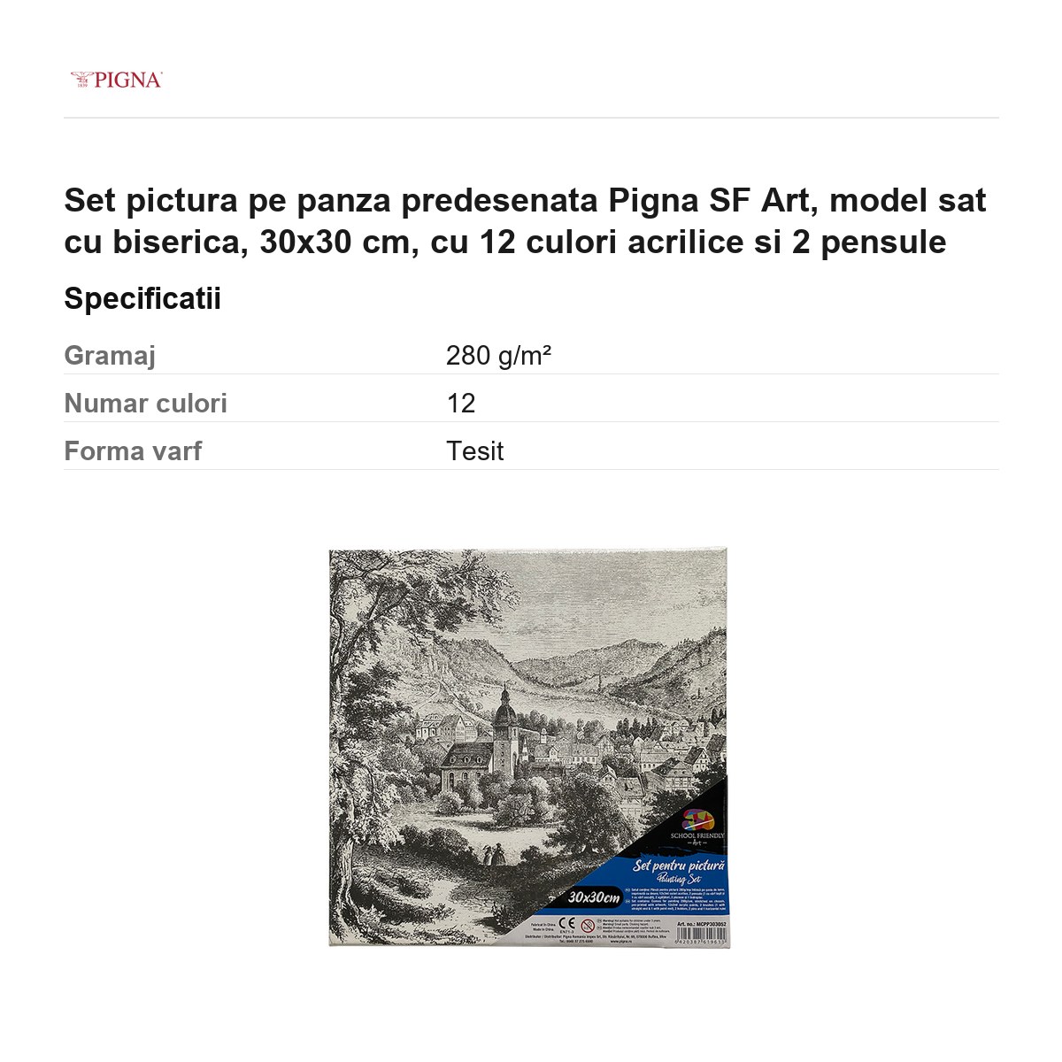 Set pictura pe panza predesenata Pigna SF Art, model sat cu biserica, 30x30 cm, cu 12 culori acrilice si 2 pensule [2]