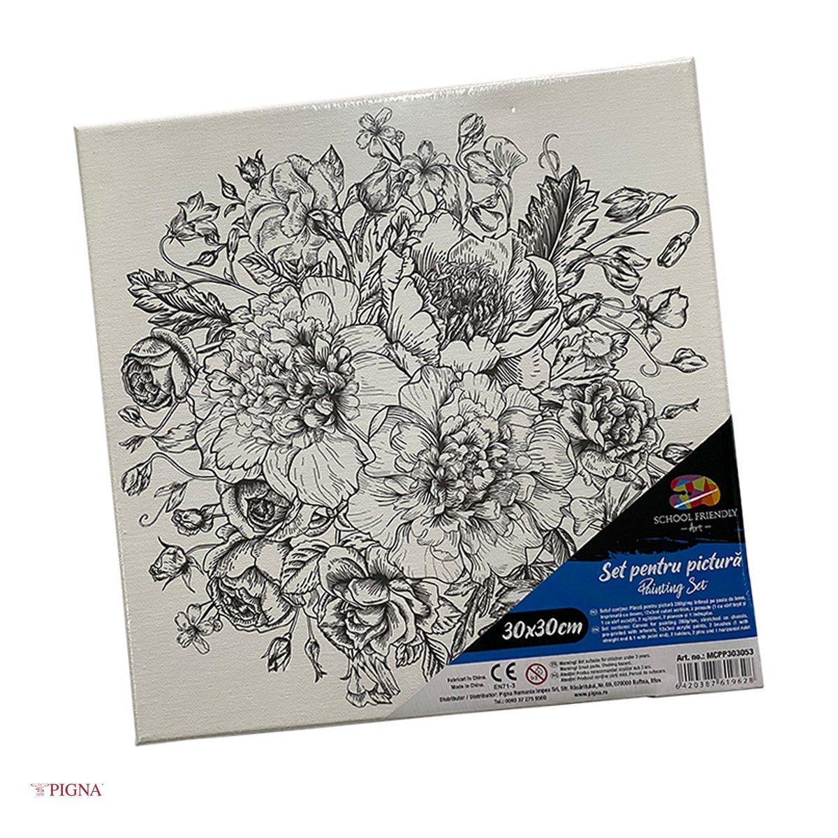 Birotica papetarie - Set pictura pe panza predesenata Pigna SF Art, model buchet de bujori, 30x30 cm, cu 12 culori acrilice si 2 pensule