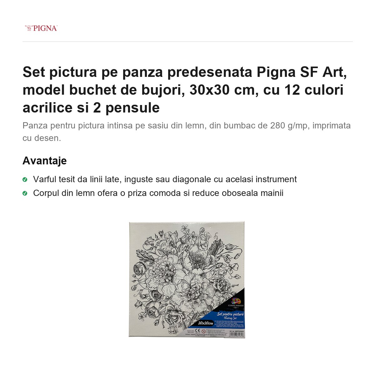 Set pictura pe panza predesenata Pigna SF Art, model buchet de bujori, 30x30 cm, cu 12 culori acrilice si 2 pensule [1]