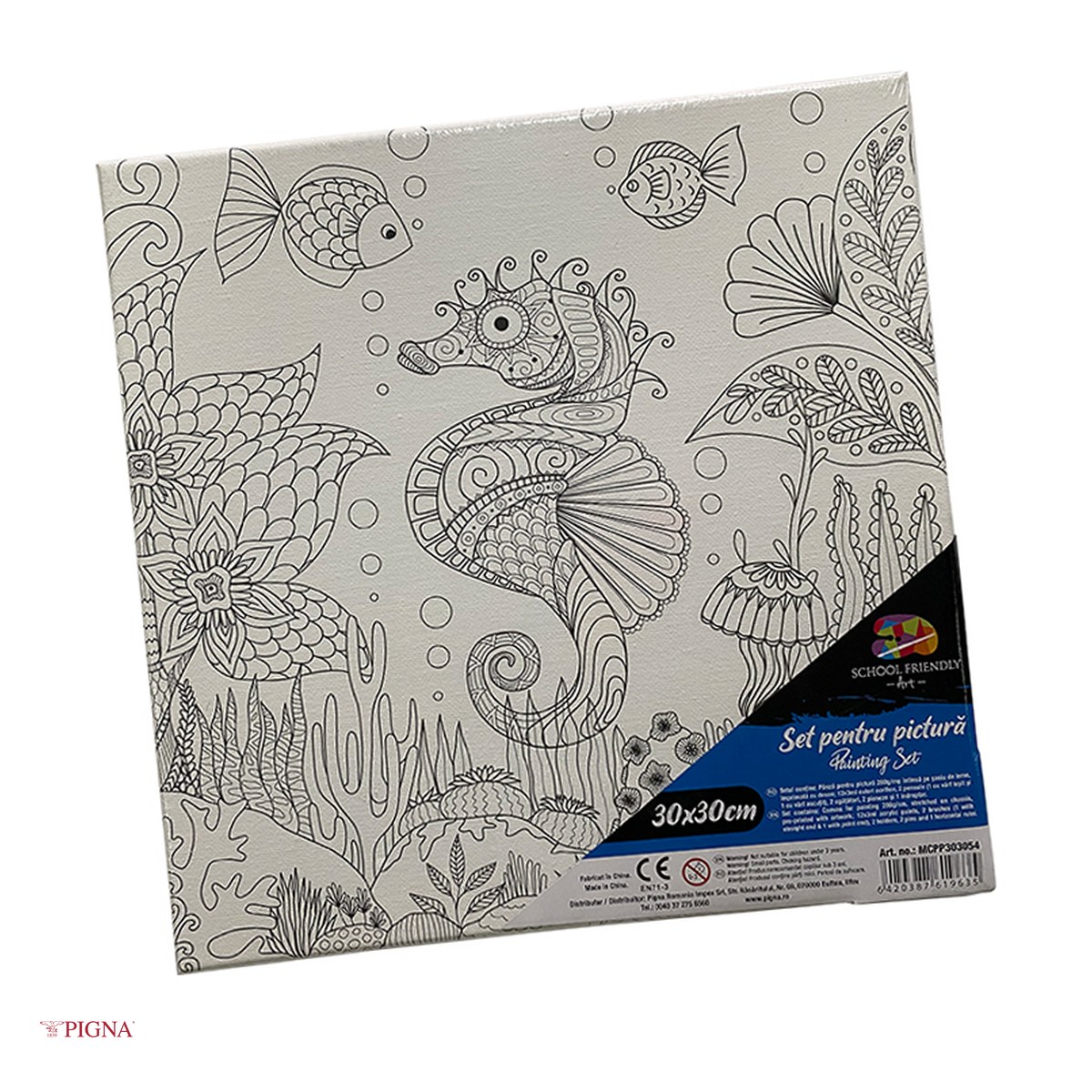 Birotica papetarie - Set pictura pe panza predesenata Pigna SF Art, model acvatic, 30x30 cm, cu 12 culori acrilice si 2 pensule