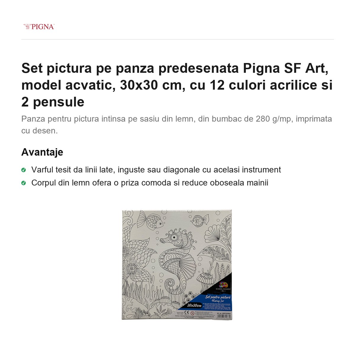 Set pictura pe panza predesenata Pigna SF Art, model acvatic, 30x30 cm, cu 12 culori acrilice si 2 pensule [1]