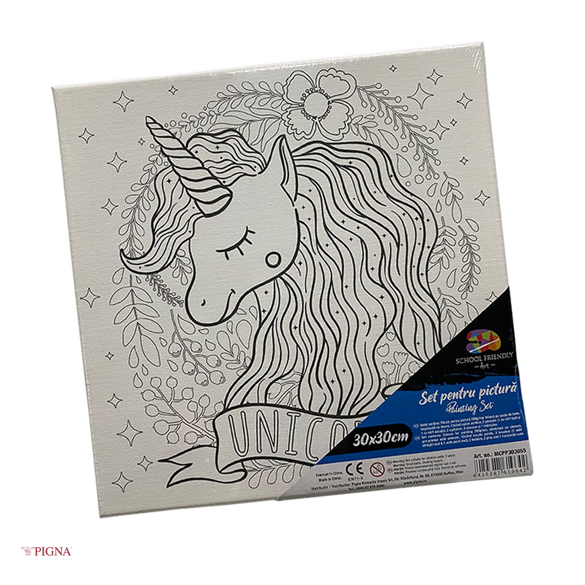 Birotica papetarie - Set pictura pe panza predesenata Pigna SF Art, model cap de unicorn, 30x30 cm, cu 12 culori acrilice si 2 pensule