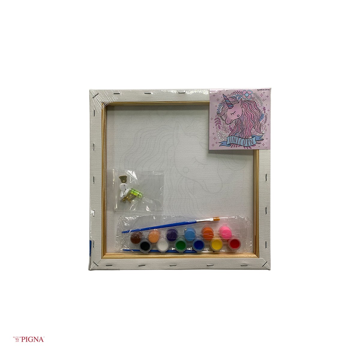 Set pictura pe panza predesenata Pigna SF Art, model cap de unicorn, 30x30 cm, cu 12 culori acrilice si 2 pensule [3]