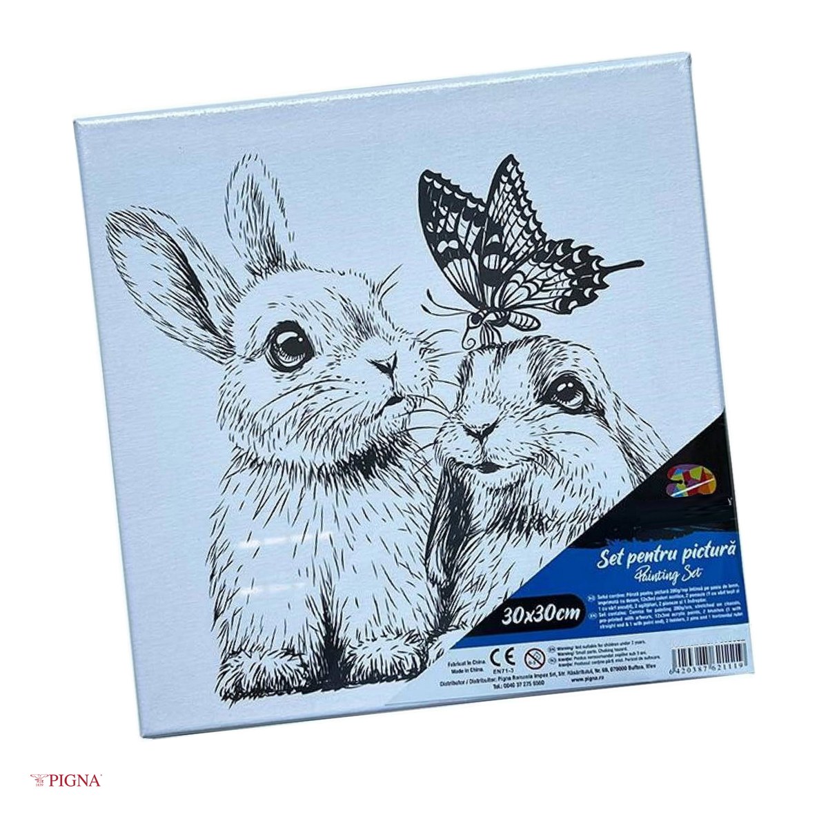 Birotica papetarie - Set pictura pe panza predesenata Pigna SF Art, model iepurasi, 30x30 cm, cu 12 culori acrilice si 2 pensule