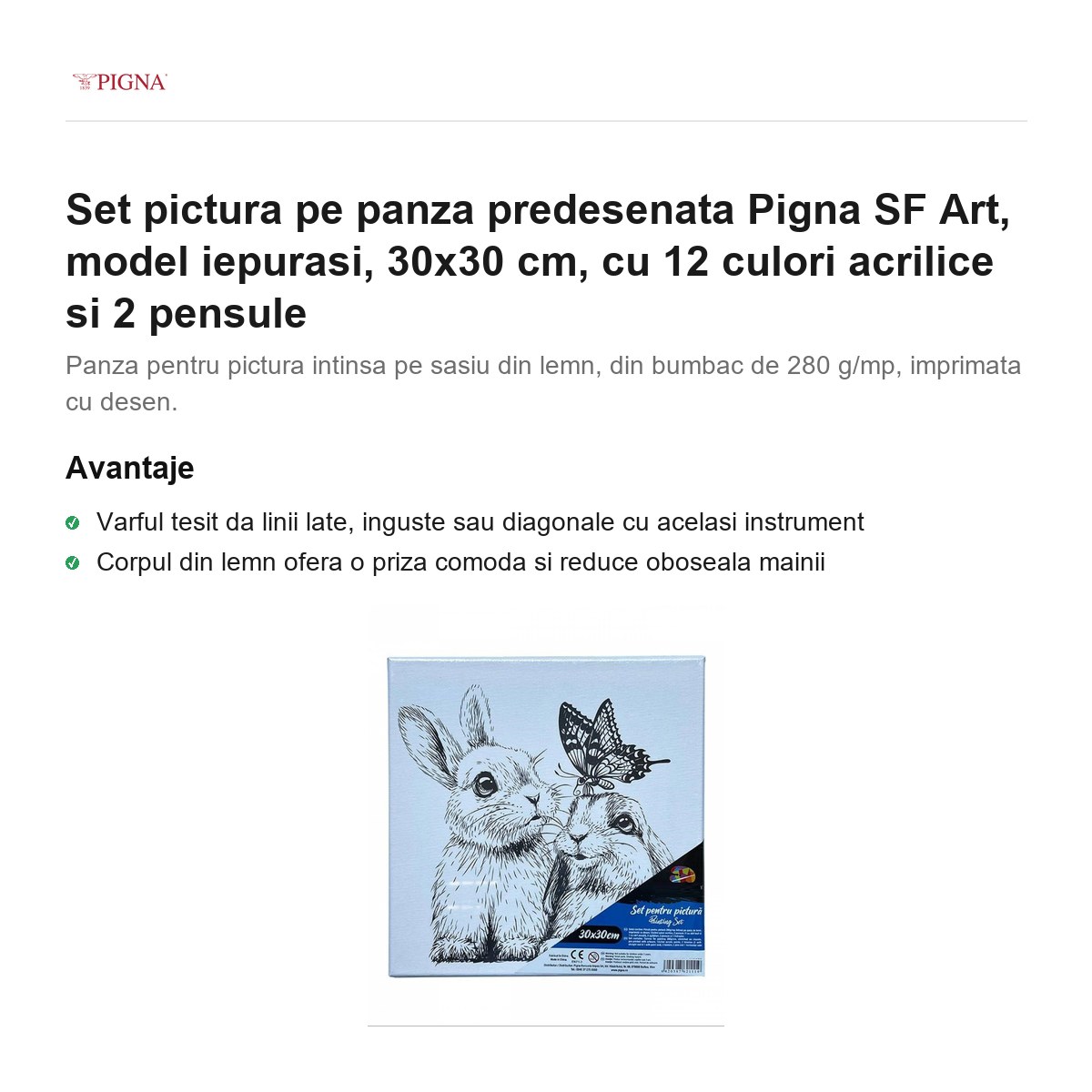 Set pictura pe panza predesenata Pigna SF Art, model iepurasi, 30x30 cm, cu 12 culori acrilice si 2 pensule [1]