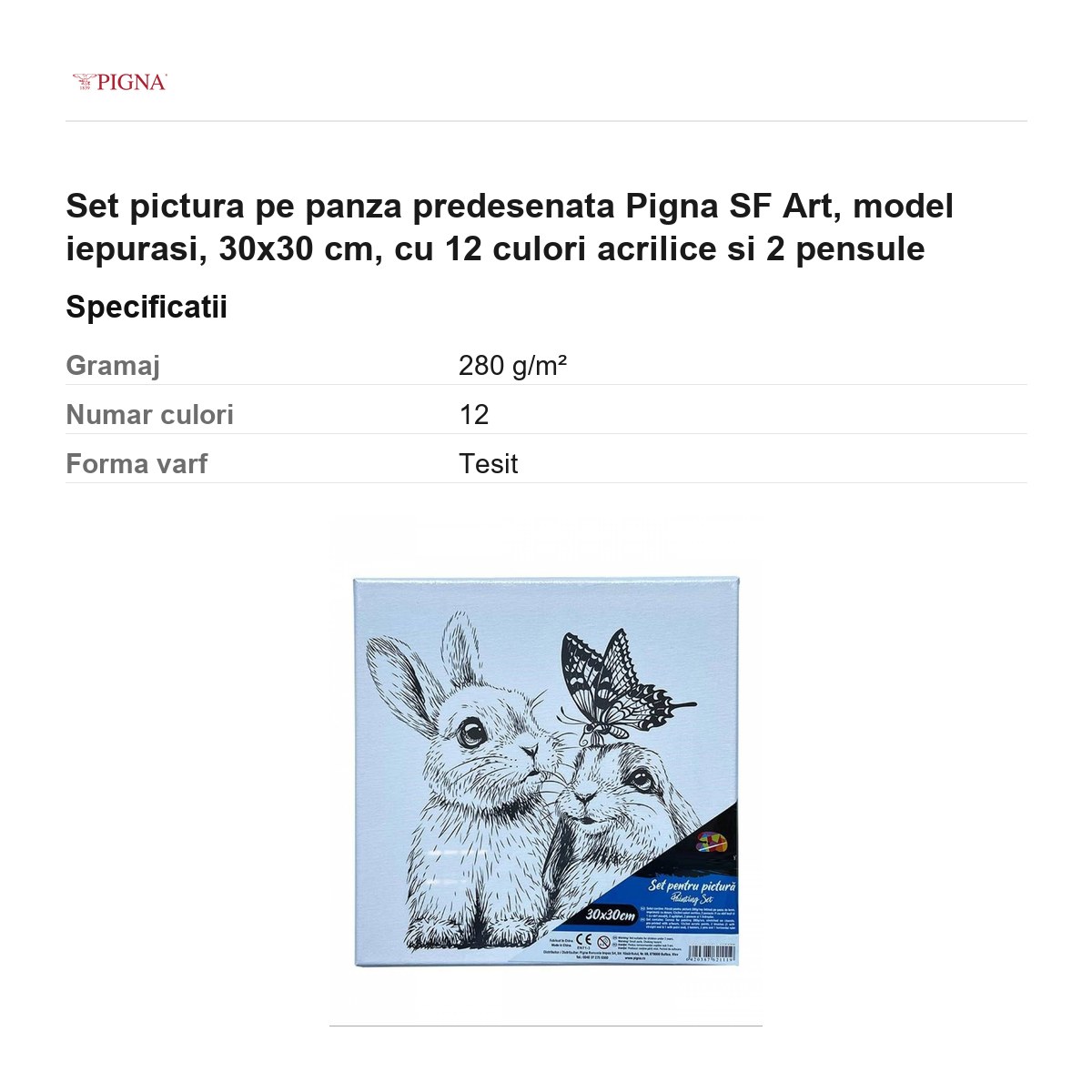 Set pictura pe panza predesenata Pigna SF Art, model iepurasi, 30x30 cm, cu 12 culori acrilice si 2 pensule [2]